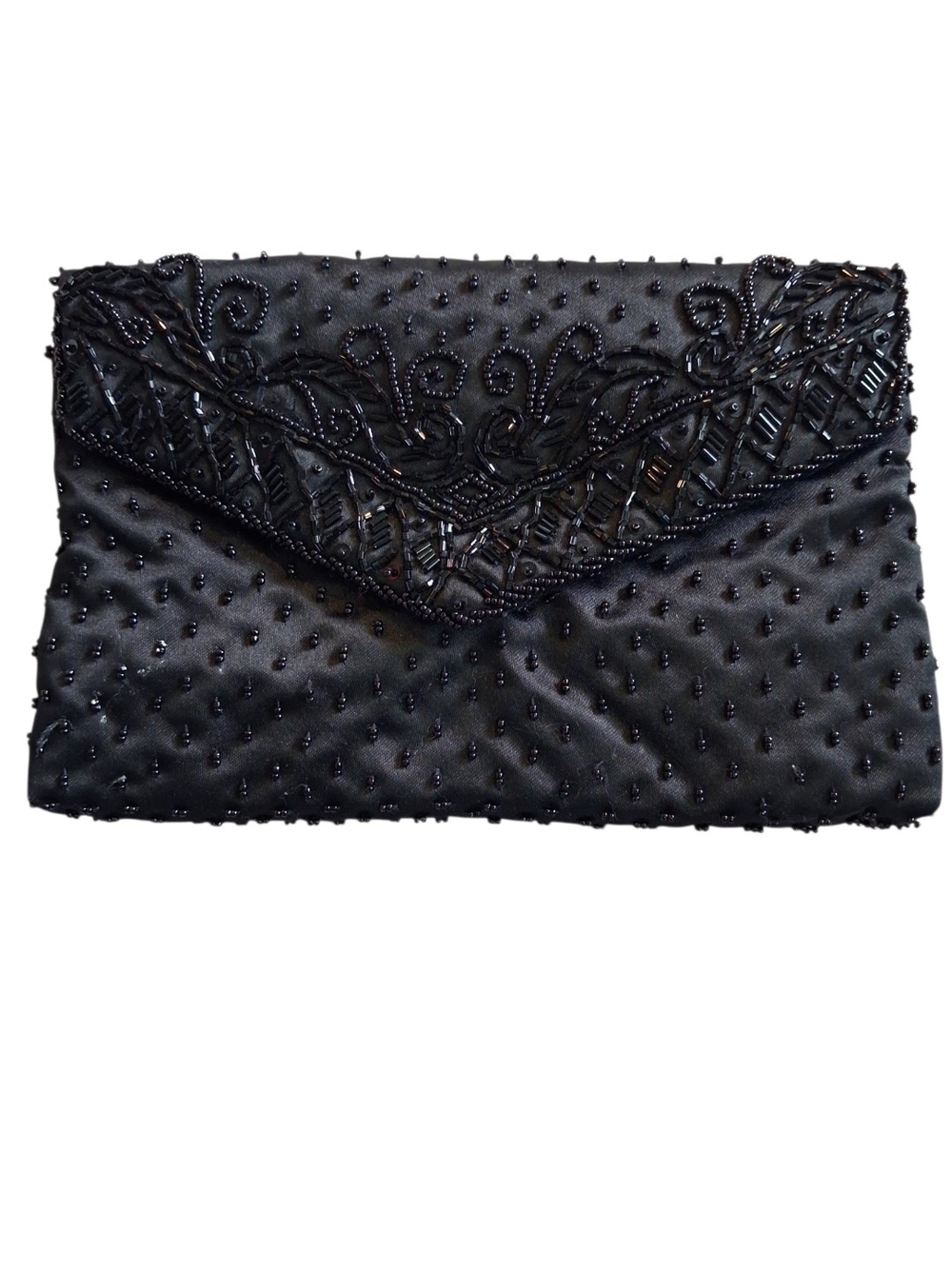 Black Beaded Satin Clutch - Evening Envelope Bag
